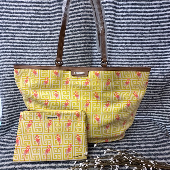 Stella & Dot Yellow Faux Leather Large Carryall Tote Pink Flamingo Print New‎ - Picture 1 of 12